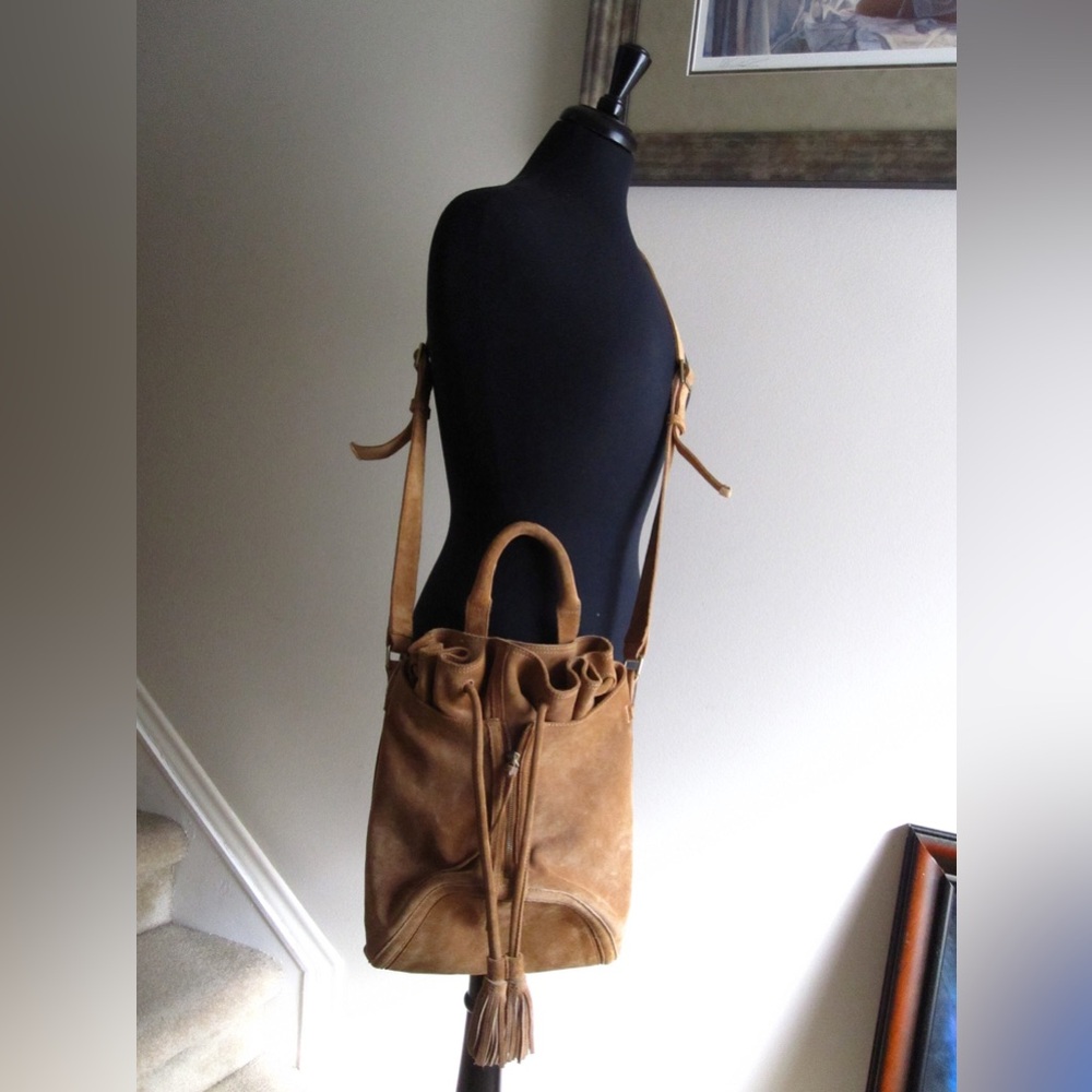 Vintage Aritzia Wilfred Camel Genuine Suede Leather Shoulder Bag With Tassels